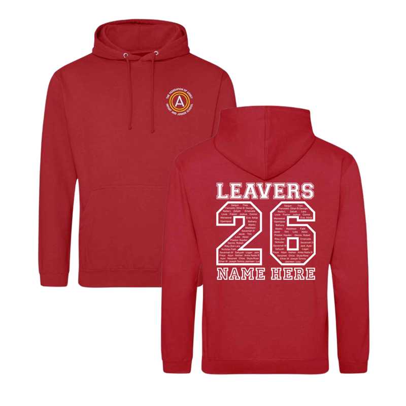 Classic hooded sweatshirt, with embroidered School logo to font breast, large print to back with pupils name in the design and the option to personal name or nickname below.