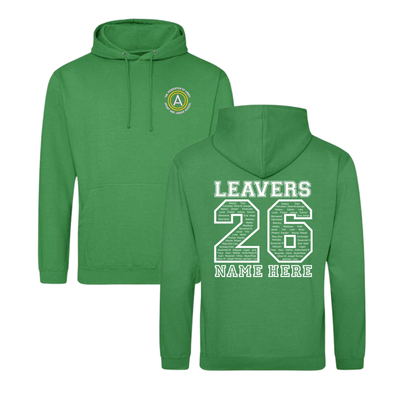 Classic hooded sweatshirt, with embroidered School logo to font breast, large print to back with pupils name in the design and the option to personal name or nickname below.
