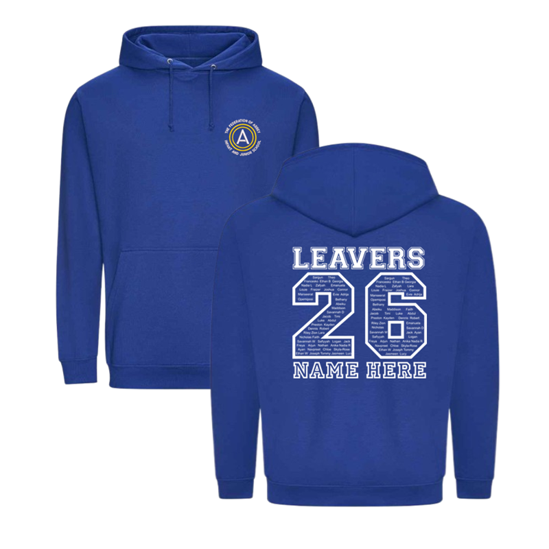 Classic hooded sweatshirt, with embroidered School logo to font breast, large print to back with pupils name in the design and the option to personal name or nickname below.