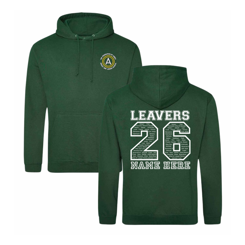 Classic hooded sweatshirt, with embroidered School logo to font breast, large print to back with pupils name in the design and the option to personal name or nickname below.