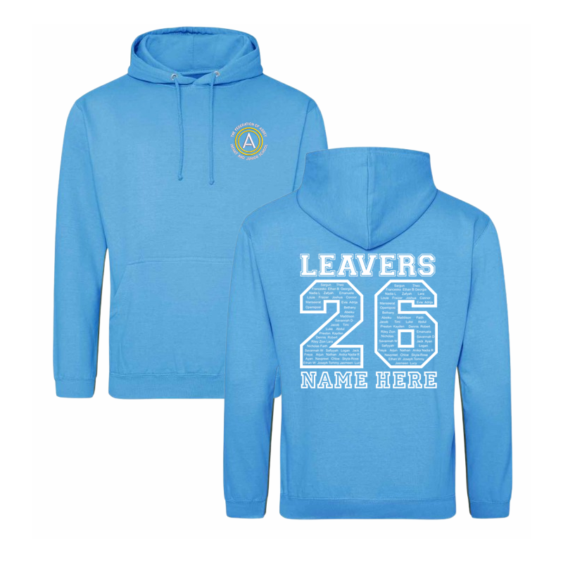 Classic hooded sweatshirt, with embroidered School logo to font breast, large print to back with pupils name in the design and the option to personal name or nickname below.