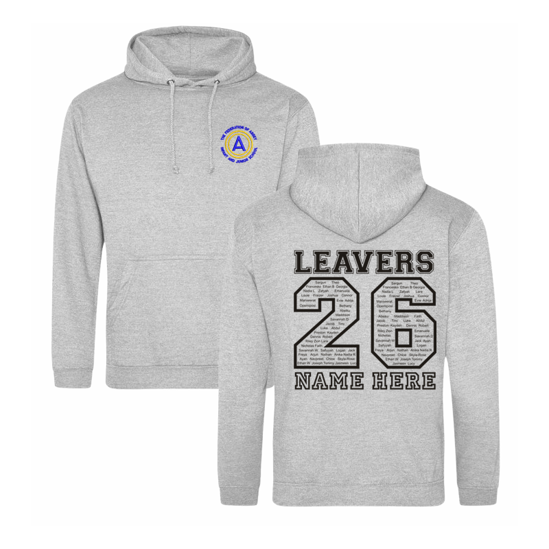Classic hooded sweatshirt, with embroidered School logo to font breast, large print to back with pupils name in the design and the option to personal name or nickname below.
