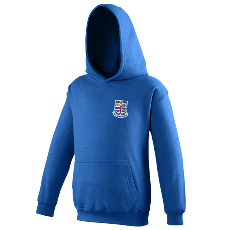 Royal hooded sweatshirt with School logo to left breast