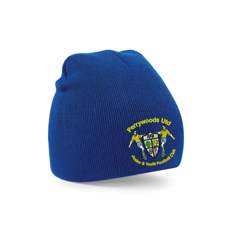 Knitted beanie hat with club logo to front