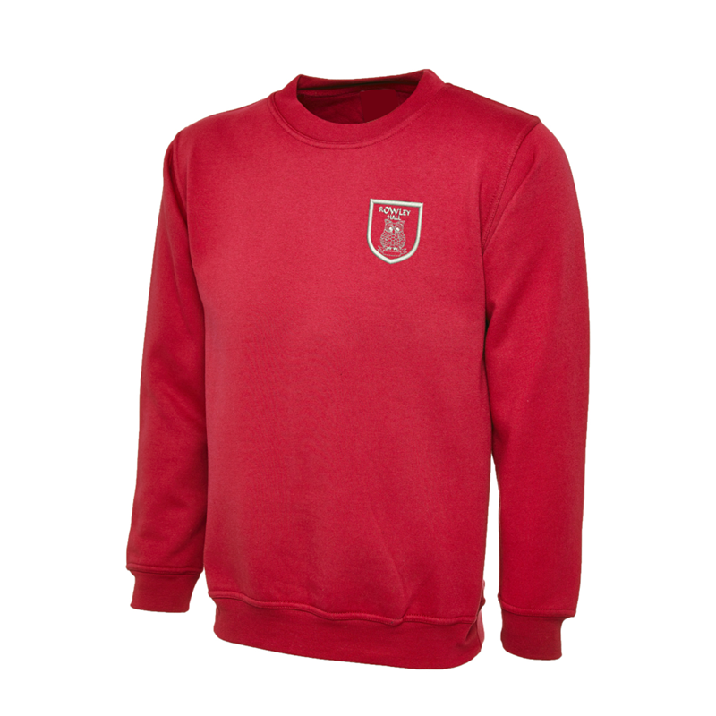 Crew Neck Sweatshirt, in Red, embroidered School logo to left breast.