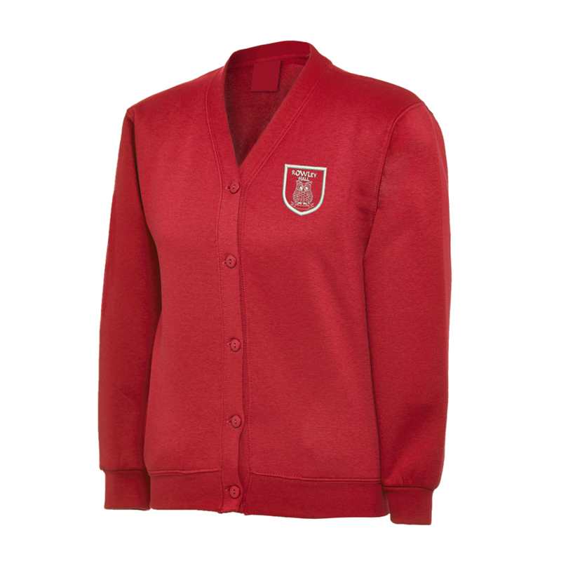 Cardigan in Red, embroidered with School logo to left breast.
