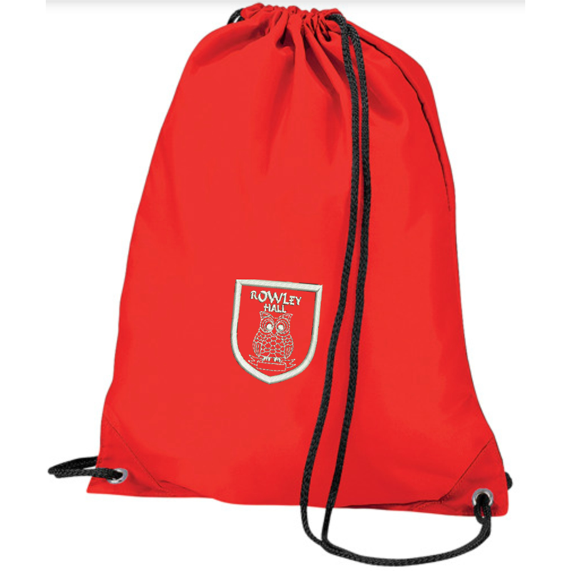 Red drawstring bag, ideal for PE, embroidered School logo to front.
