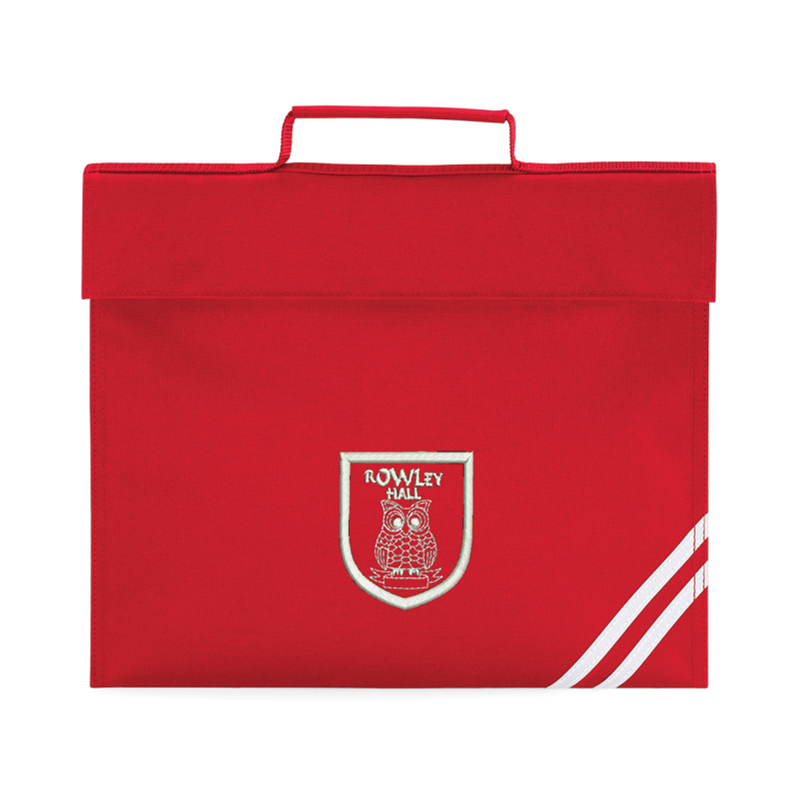 Classic Book Bag in Red embroidered School logo to one side.