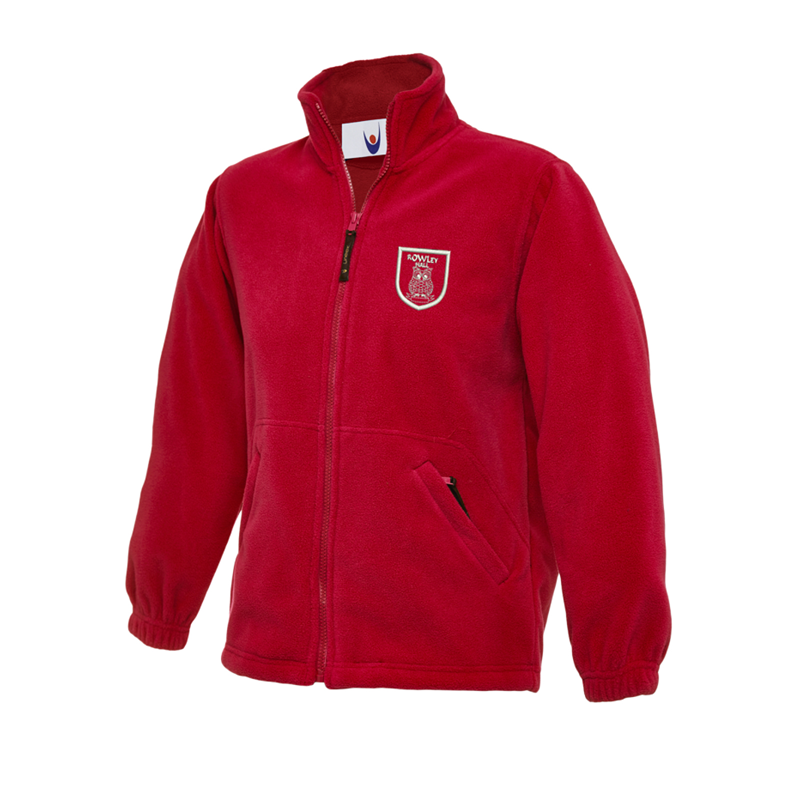 Full Zip fleece jacket in red, childrens size, embroidered School logo left breast.