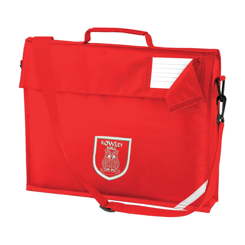 Red book bag with shoulder strap, embroidered School logo to front.