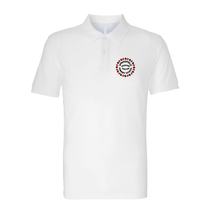School Poloshirt in white with logo embroidered left breast.