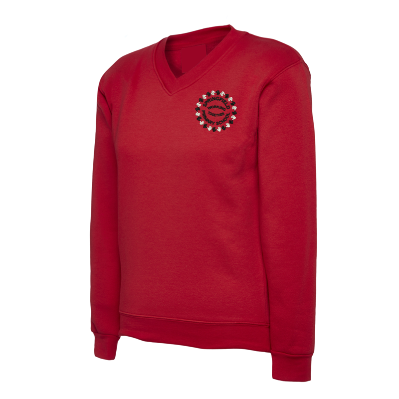 V neck Sweatshirt in red embroidered School logo left breast.