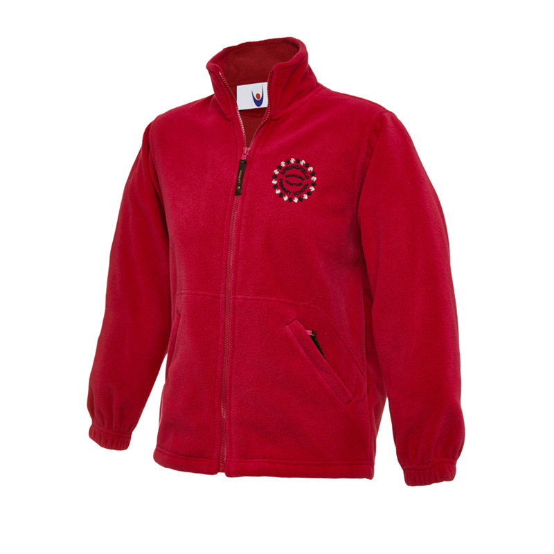 Full zip fleece jacket in red, School logo embroidered to left breast.