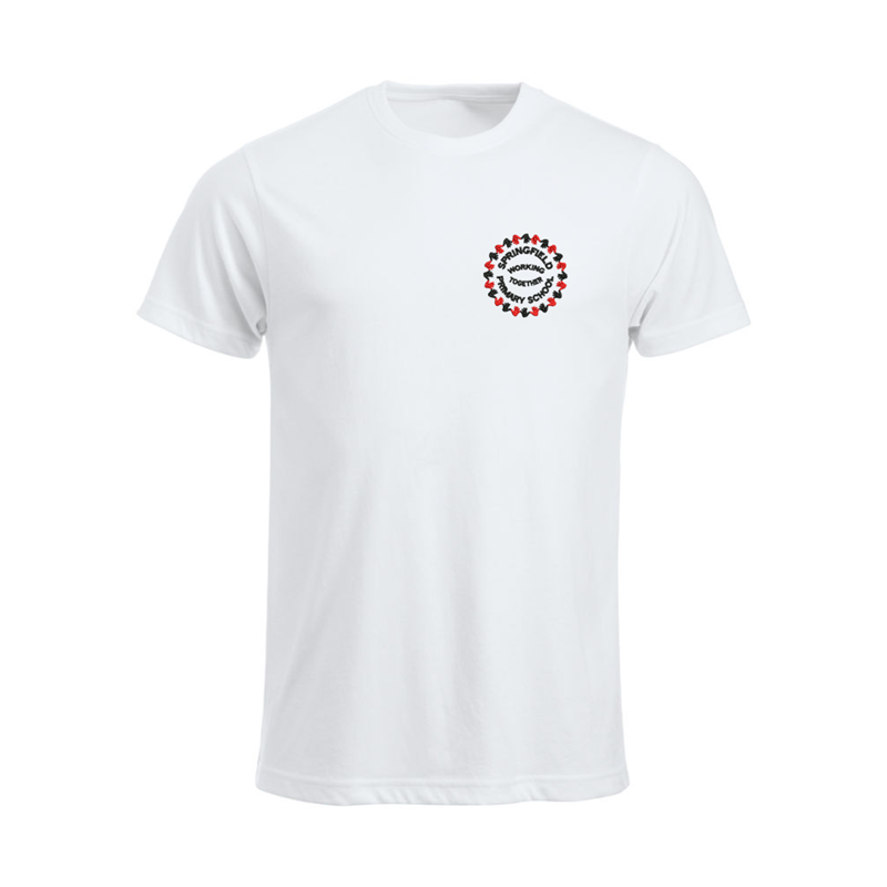 Cotton crew neck t shirt, white, embroidered School logo to left breast