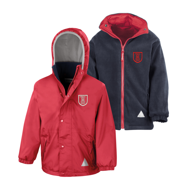Reversible Fleece/Coat; Hooded - Breathable, Water and Windproof jacket, warm jacket, Red outer jacket and Navy fleece on reverse - School logo left breast of outer jacket.