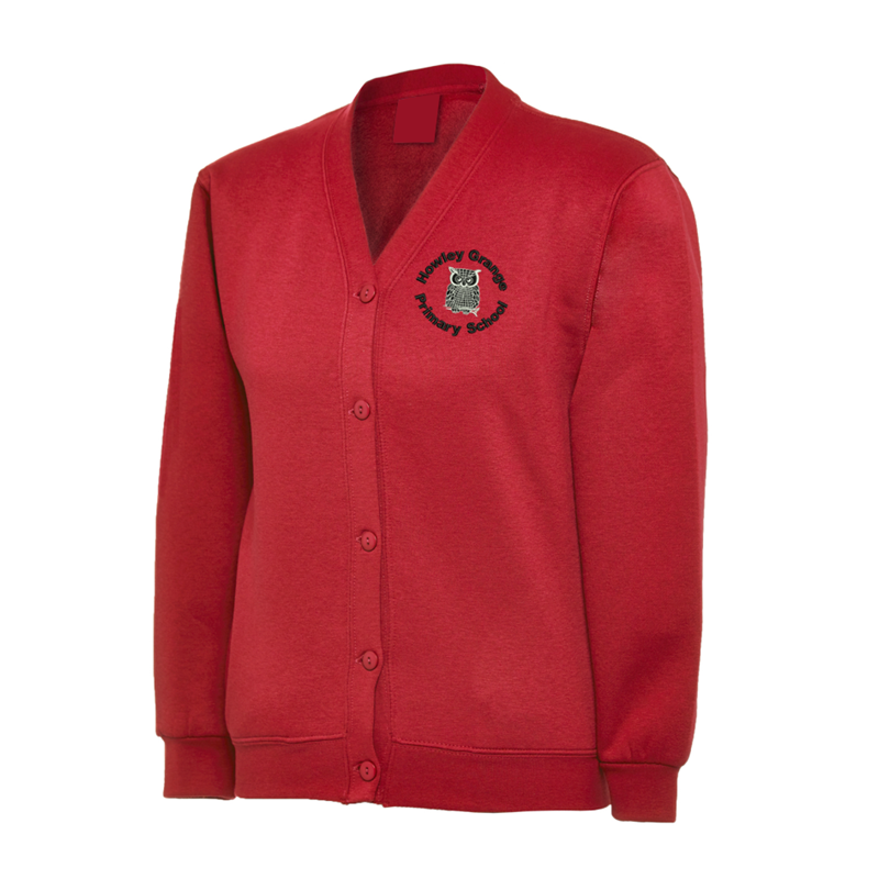 Red Cardigan embroidered School logo to the left breast.