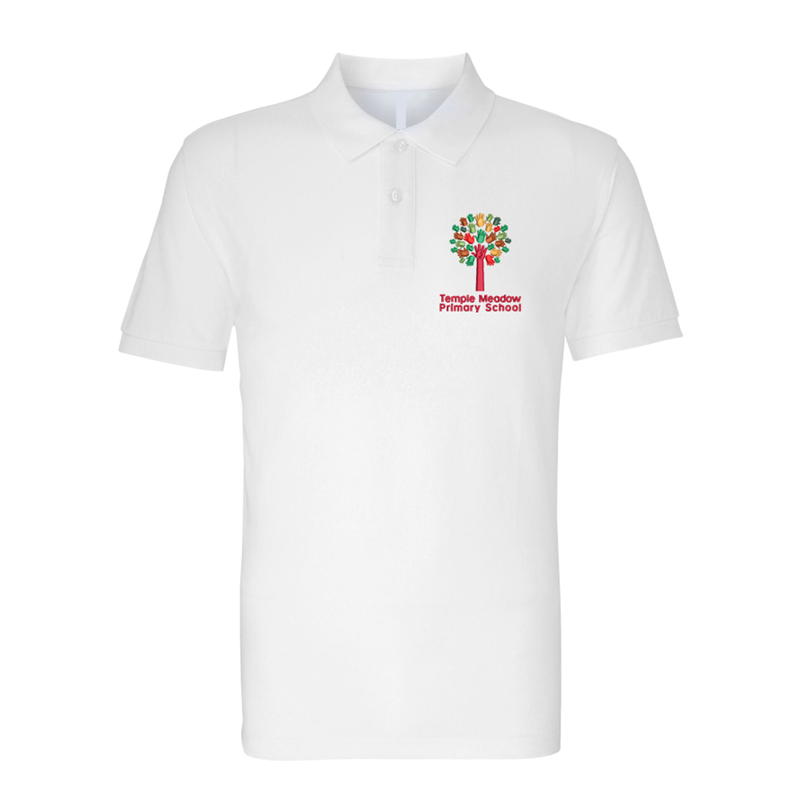 White poloshirt embroidered with School logo.