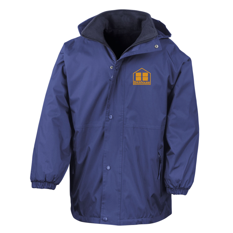 Reversible Fleece/Coat; Hooded - Breathable, Water and Windproof jacket, warm jacket, Blue outer jacket and darker blue fleece on reverse - School logo left breast of outer jacket.