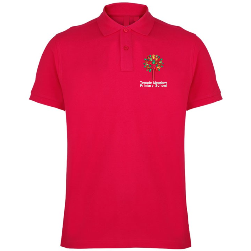 Red poloshirt embroidered with School logo