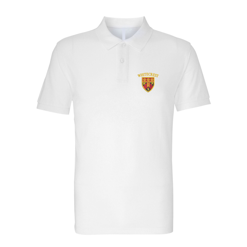 White poloshirt embroidered with School logo.
