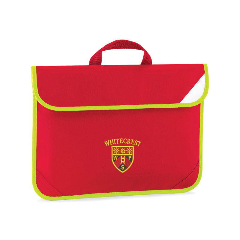 Red Book bag with hi viz edging embroidered with School logo.