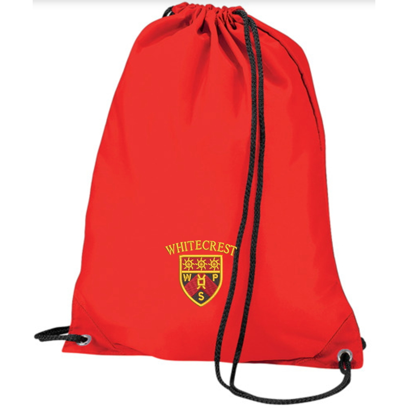 Nylon PE Drawstring style PE Bag, embroidered with School logo.
