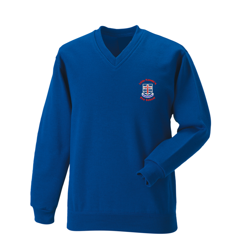 V neck sweatshirt embroidered with Pre School logo.