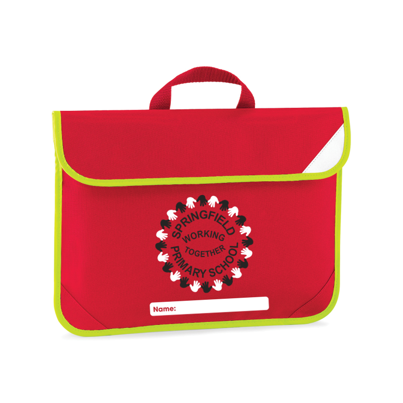 Red Bookbag with Hi Viz edge embroidered with School logo to one side.
