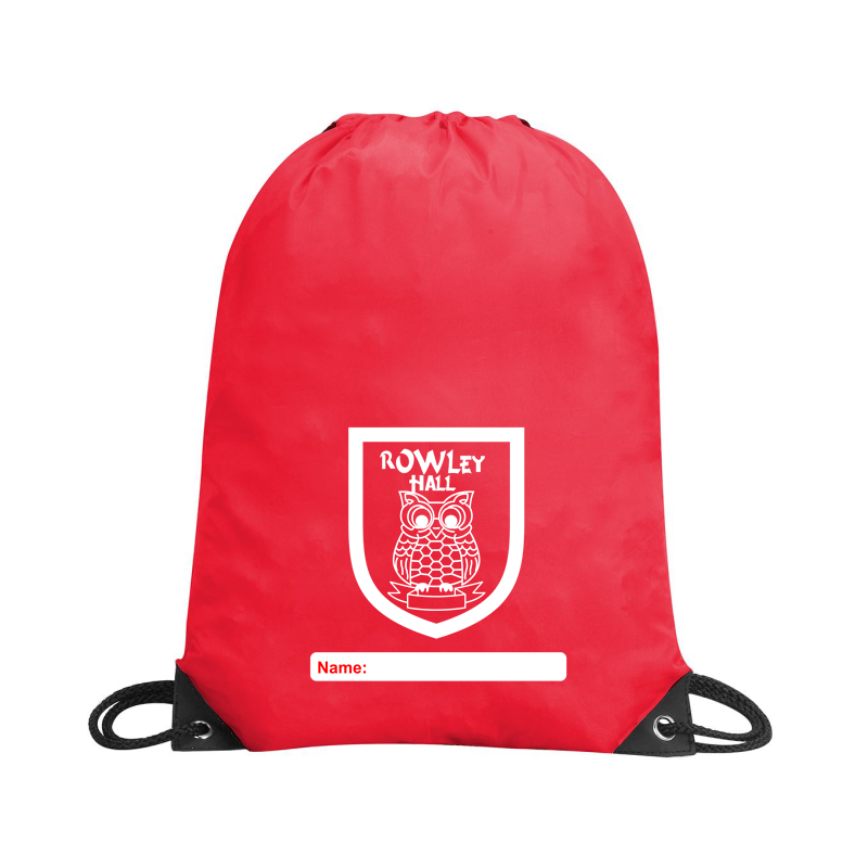 Red drawstring bag, ideal for PE, embroidered School logo to front.
