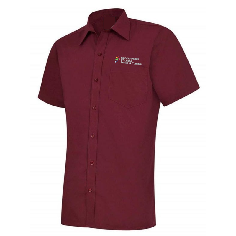 Formal shirt with left breast mitred pocket, stiffened formal cut collar. Embroidered logo above breast pocket.