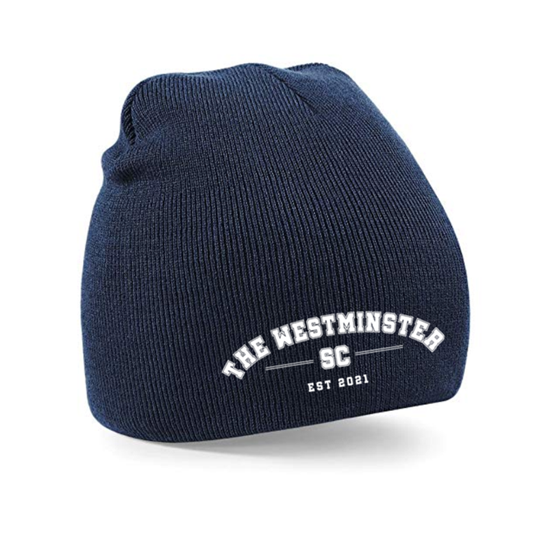 Pull on knitted hat with logo embroidered