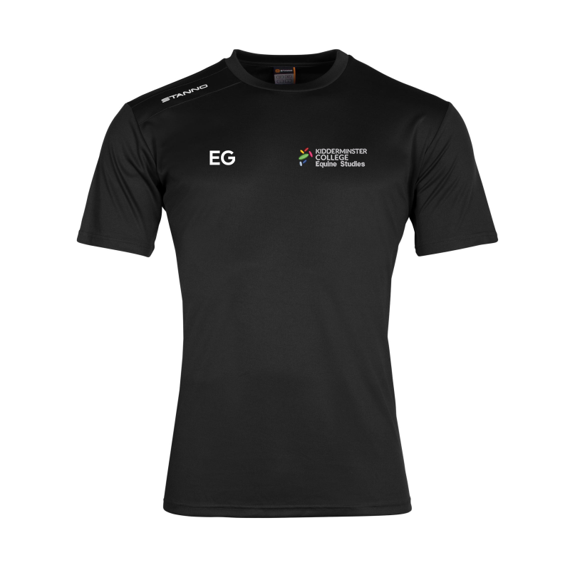Black short sleeve top, logo left breast. initials right breast.