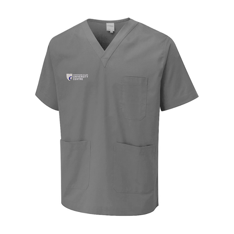 Polyester/Cotton V Neck scrub tunic with logo to right breast opposite pocket.