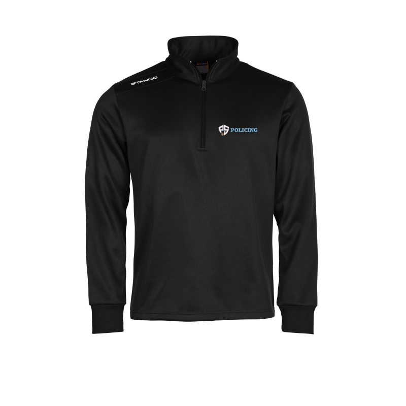 Polyester fabric, zip neck sweatshirt with embroidered logo.