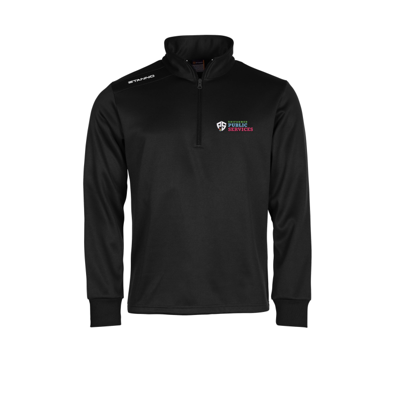 Polyester fabric, zip neck sweatshirt with embroidered logo.
