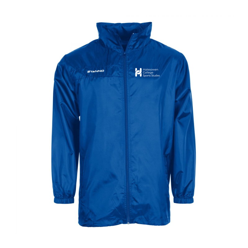 Sports studies jacket is 100% polyester, finished with a water-repellent coating (600mm PU). The body contains a 100% polyester mesh liner and the lining of the sleeves is 100% polyester tafetta. The jacket features elastic cuffs, a tunnel with drawstring at the bottom, two side pockets (without zip) and a hidden hood inside the collar.