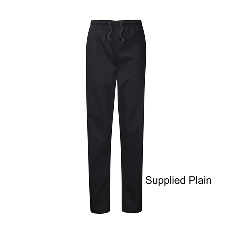 Comfortable and easy to wear, elasticated waist and drawstring. Right front patch pocket and an unfinished hem. Supplied plain, Navy Blue.