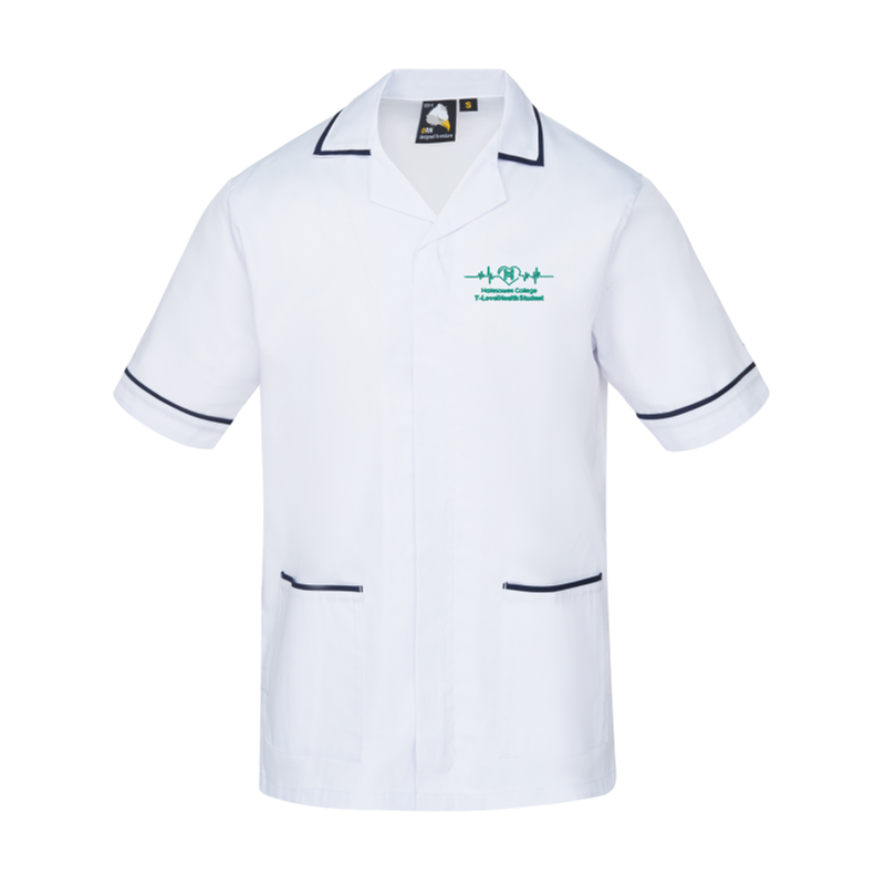 Contrast trim on the collar, double action back for comfort. Concealed zip to prevent scratching, side vents for ease of movement. White/Navy with logo to left breast