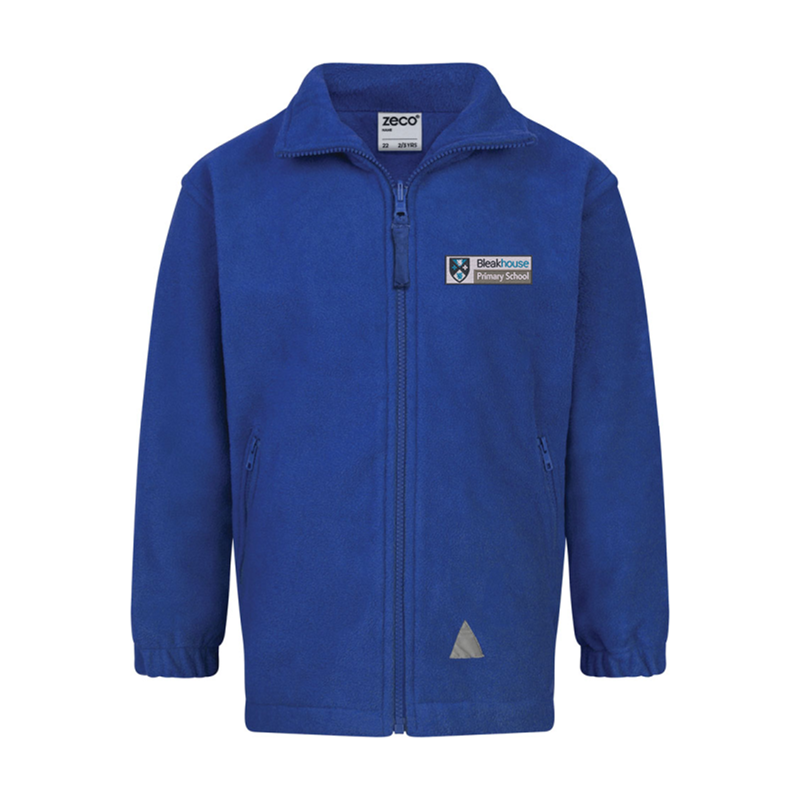 330gsm heavyweight fabric, Anti-pill fleece fabric, YKK zips, Elasticated cuffs, Full zip fastening, Front & back reflectors, 2 front zip pockets embroidered with School logo.