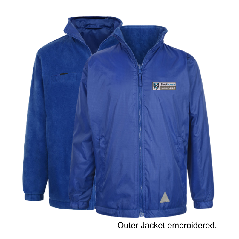 Full zip fastening with concealed, zip away hood, Concealed zip for embroidery access, Anti-pill inner fleece fabric, Water resistant, Front zip fastening, Front & back reflectors, 2 front zip pockets embroidered with School logo.