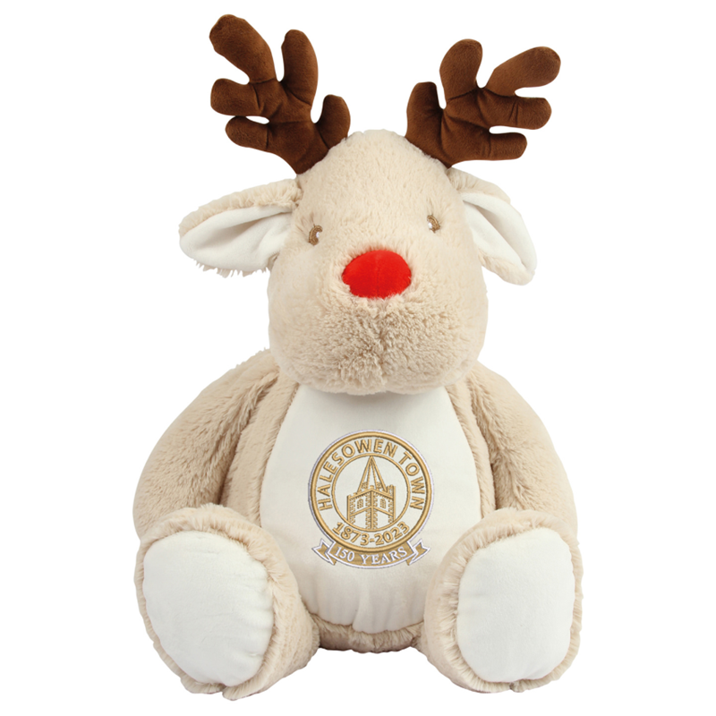Santas helper, the Zippie reindeer has soft fabric with a bright red nose and contrast antlers. Embroidered for Yeltzmas 23 with Anniversary logo