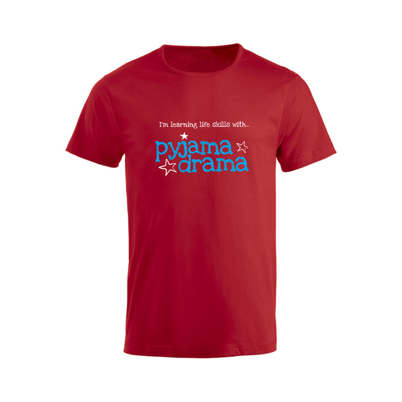 Red Cotton Kids T Shirt with Pyjama Drama logo to front.