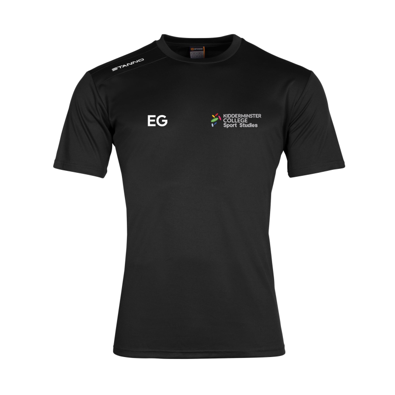 Black short sleeve top, logo left breast. initials right breast.