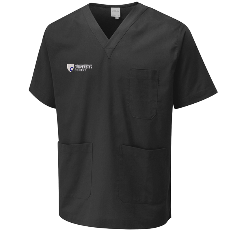 Polyester/Cotton V Neck scrub tunic with logo to right breast opposite pocket.