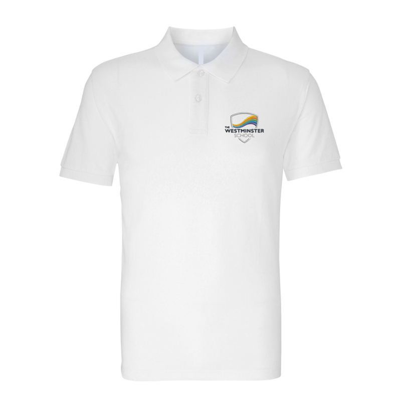 White poloshirt embroidered with School logo.