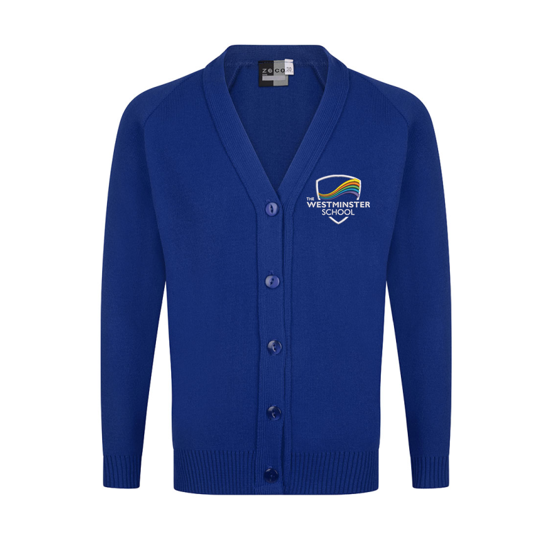 Knitted Cardigan in Blue embroidered with School logo.