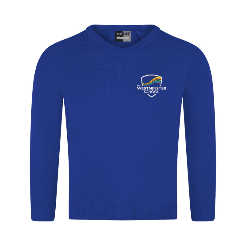 Knitted Cotton V Neck Jumper embroidered with School logo.