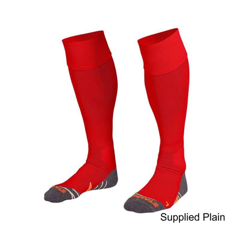 These knee length socks from Stanno are made of ‘high stretch’ polyester, for the best fit. Shin area is extra stretchable for shinguard placement. Mesh area at rear of sock for extra breathability. Around the ankle the sock has a protective impact zone. And to prevent scouring, and therefore blisters, the sock has a flat seem and a reinforced heel, sole and toe. Due to the double elasticated cuff the sock stays in place. These anatomically shaped socks are provided with a left/right fitting indicator.