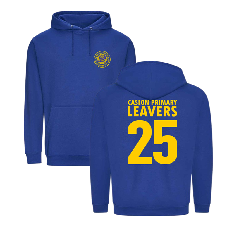 Classic hooded sweatshirt with printed name design to the back and School Leavers logo embroidered to the front.