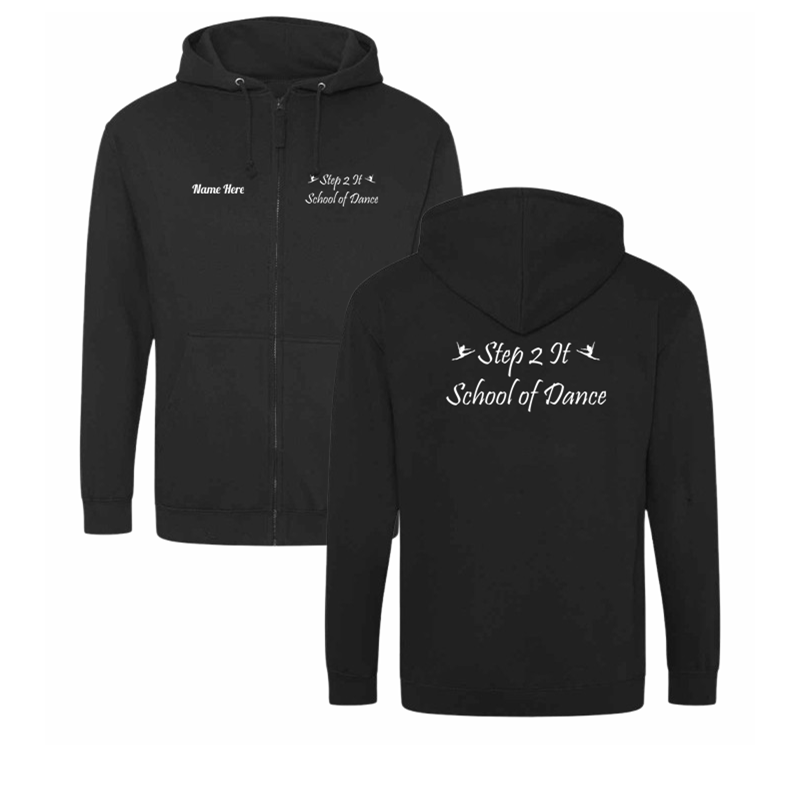 Full zip hooded sweatshirt in kids and adult sizes, logo and name left breast and large print to back.
